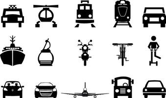 A collection of simplified black silhouettes representing various transportation modes vector