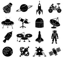 Black and white icon set featuring space exploration elements and celestial objects vector