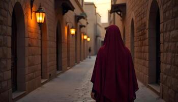 Woman in red hijab walking through an alley with lanterns photo