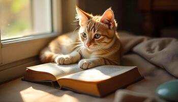 A Cute Kitten Reading a Book by the Window photo