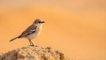 Wheatear bird perched on a mound in the desert photo