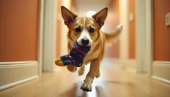 Happy Corgi Running with a Stolen Sock photo