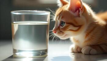 Curious Kitten Contemplating a Glass of Water photo