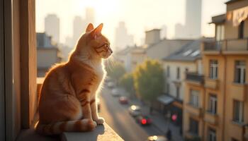 Ginger Cat Contemplating City Scenery from a Window photo