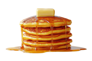 Stack of Fluffy Golden Pancakes with Melting Butter and Dripping Maple Syrup on Transparent Background png