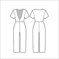 Women's open front jumpsuit design flat sketch fashion illustration with front and back view, long sleeve vector