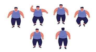 Overweight man exercise poses collection showing different movements and angles for fitness and health illustrations vector