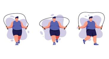 Man exercising with skipping rope in three different poses for fitness and workout routine illustration vector