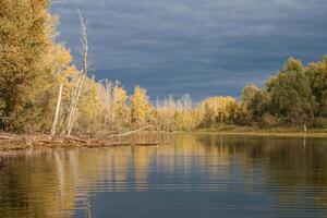 Autumn river landscape with trees and dramatic sky. photo