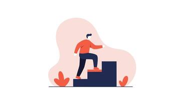 Person climbing stairs symbolizing progress and personal growth with abstract background in orange and navy blue colors vector