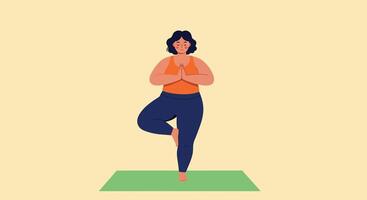 Woman practicing yoga tree pose on green mat with calm focus and balance in simple illustration vector