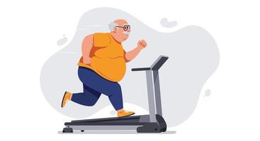 Overweight elderly man running on treadmill for fitness and health exercise routine in flat style vector