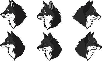 Wolf head illustrations showing different angles and expressions in black and white style vector