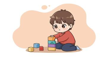 Toddler boy stacking colorful blocks playing indoors with focus and curiosity in a simple background illustration vector