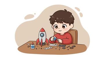 Boy assembling model rocket toy with glue and small parts on table in creative hobby activity illustration vector