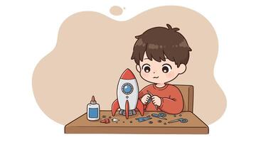Boy Assembling Red Rocket Toy Model on Table Creative Hobby Activity for Children vector