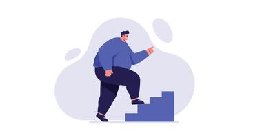 Man in blue shirt climbing stairs symbolizing progress and motivation in illustration vector