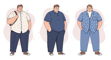 Overweight man casual clothing standing in different poses illustration set of three characters in relaxed style vector