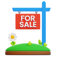 A charming property sign with FOR SALE text and decorative landscaping elements stands. It is a vibrant illustration of a real estate advertisement. png