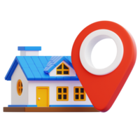An eye-level illustration showcases a vibrant house with a blue roof next to a large red location marker, symbolizing home location. The image is a visual representation of property location. png