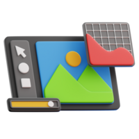 3D Digital Design Interface, An engaging illustration showcasing a digital design interface with various tools and visual elements, ready to inspire creativity and innovation png