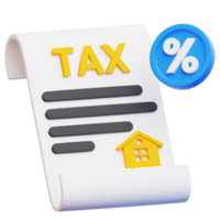 A 3D-rendered image of a tax bill with a house icon and percentage symbol, illustrating concepts of property tax and financial obligations. png