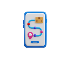Smartphone with delivery route path package box location pin icon 3d render concept of fast delivery location illustration png