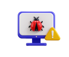 Computer bug with warning symbol icon 3d render concept of computer antivirus malware, computer security alert icon illustration png