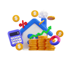 House and coin stack with chart icon 3d render concept of money saving to loan house, property, money investment on real estate icon png