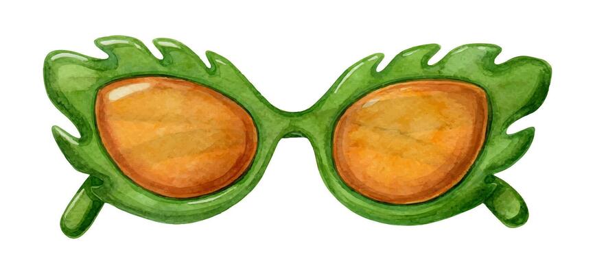 Trendy sunglasses with green leaf shape frame and yellow lenses. Hand drawn watercolor illustration of fashion accessory. Vacation drawing perfect for summer card template and holiday season design.