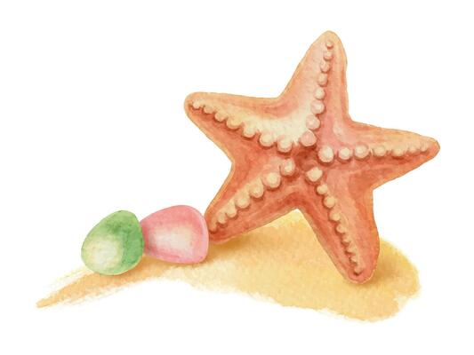 Starfish and sea glass on the sand brushstroke. Hand drawn watercolor beach illustration of ocean animal and decor with realistic texture. Perfect for summer card template and holiday season design.