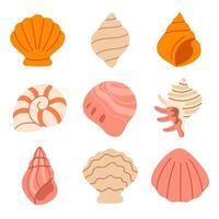 Collection of exotic and decorative seashells in flat style for marine and beach visuals vector