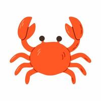 Cheerful red crab with raised claws and simple body shape, perfect for kids marine visuals and beach-themed projects vector