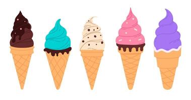 Set of five different ice cream cones with colorful swirls in a row on white background, ideal for dessert and summer-themed design vector