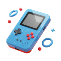 A 3D blue and red portable game console with floating geometric shapes png