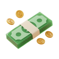 A 3D bundle of green banknotes wrapped with a band and gold coins png