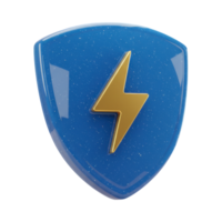 A stylized 3D blue shield with a prominent golden lightning bolt emblem png