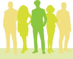 a group of people standing in front of a green background vector