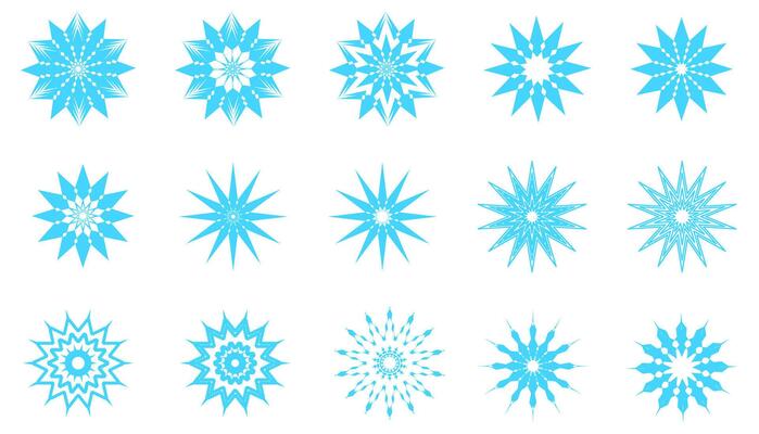 Collection of blue geometric snowflake designs on white background