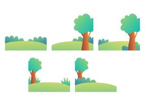A set of gradient style trees, grass, and bushes perfect for nature landscape scenes, forest design, kids environment, or outdoor background projects. vector