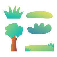 A set of gradient style trees, grass, and bushes perfect for nature landscape scenes, forest design, kids environment, or bush background projects. vector