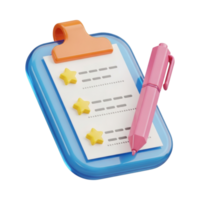 A 3D glossy blue clipboard with a checklist featuring stars and a pink pen for task management. png