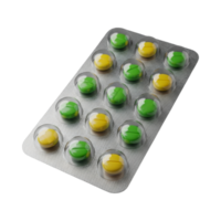 A 3D glossy translucent blister pack with bicolored green and yellow pills png