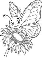 Cute Smiling Butterfly on Blooming Sunflower Line Art for kids vector