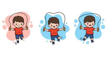 Boy jumping rope in playful motion with colorful abstract backgrounds illustration vector