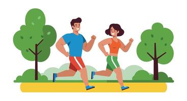 Man and woman jogging together in park with trees and greenery active lifestyle exercise illustration vector