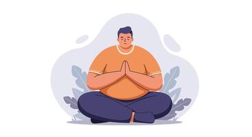 Overweight man practicing meditation in lotus pose with hands together for mindfulness and relaxation illustration vector