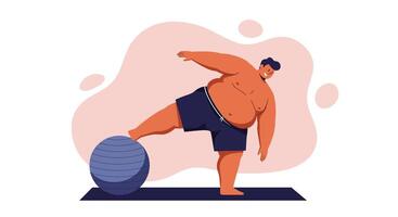Overweight man balancing on large fitness ball in exercise routine illustration vector