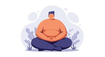 Overweight man sitting cross-legged in meditation pose with calm expression illustration vector