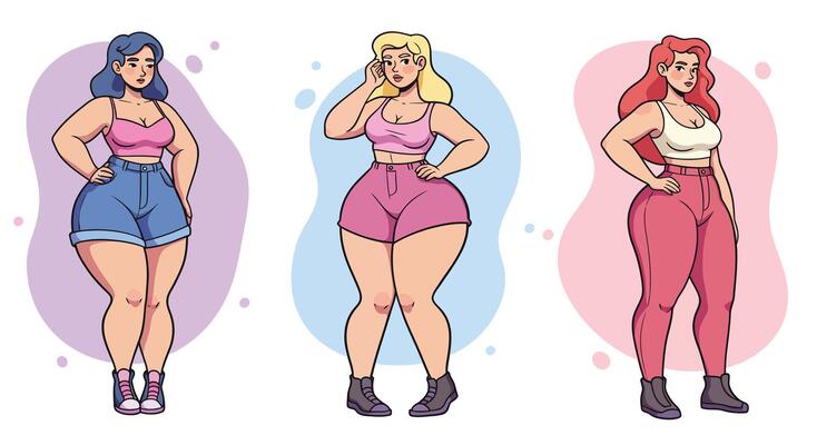 Diverse young women in casual fashion posing confidently with colorful backgrounds and stylish outfits illustration
